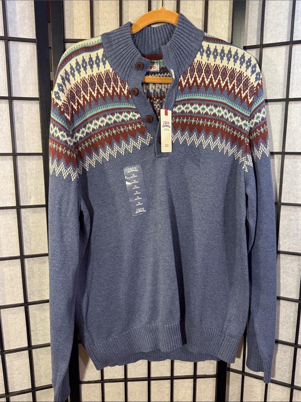 IZOD Men's Blue Fair Isle 1/4 Button Pullover Sweater